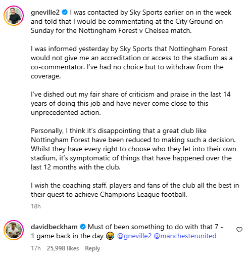 Screenshot of a Twitter thread showing Gary Neville's statement about being denied access to Nottingham Forest's stadium and David Beckham's reply.