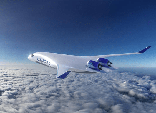 Illustration of a United Airlines plane flying above the clouds.