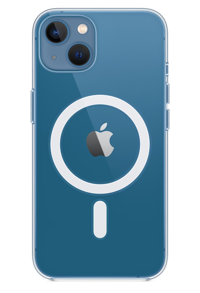 iPhone 13 in a clear case with MagSafe charger.