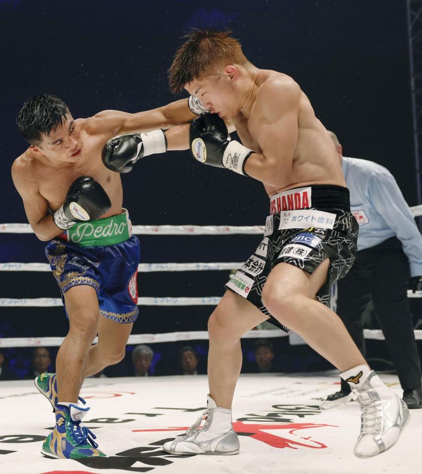 Two boxers exchanging punches in a boxing match.