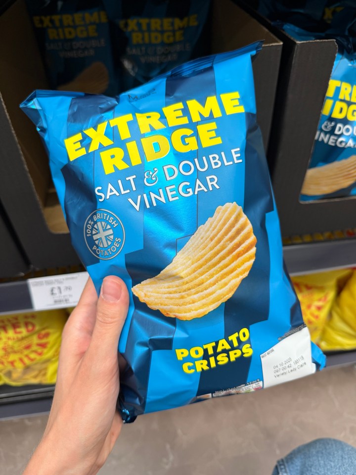 Hand holding a bag of Extreme Ridge Salt & Double Vinegar potato crisps.