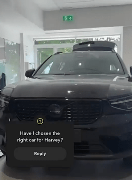Black Volvo SUV; text overlay asks, "Have I chosen the right car for Harvey?" with a "Reply" button.