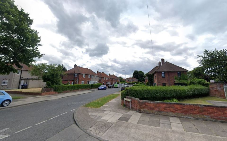 Residential street scene with houses and cars.