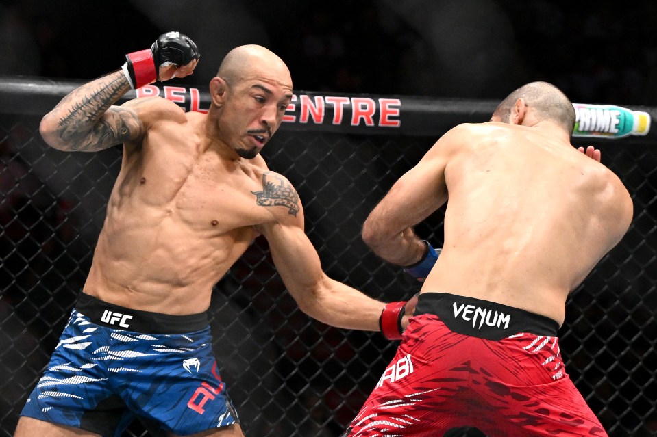 Jose Aldo of Brazil fighting Aiemann Zahabi of Canada in a UFC bantamweight bout.