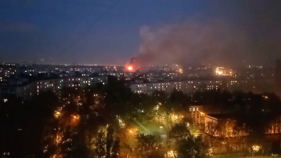 Nighttime view of a Moscow highrise building fire.