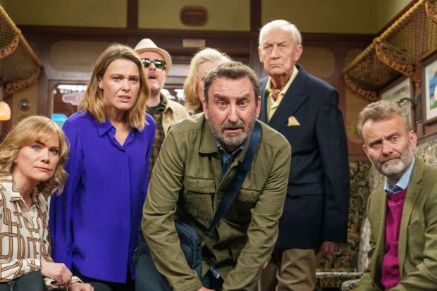 An image collage containing 1 images, Image 1 shows Cast of Not Going Out on a train