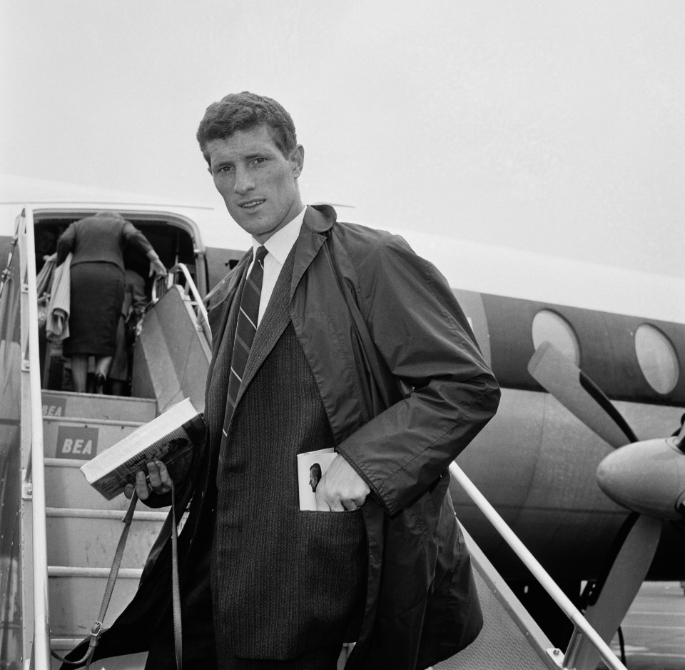 Willie Stevenson, Liverpool FC defender, descending airplane stairs.