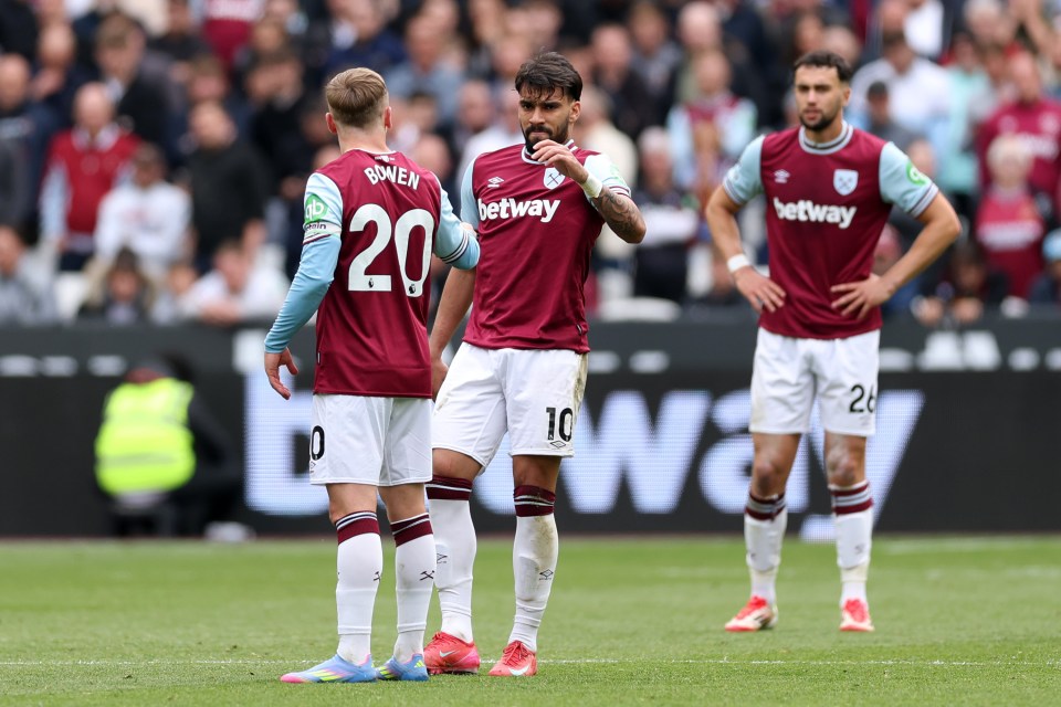 Lucas Paqueta and Jarrod Bowen of West Ham United on the pitch.