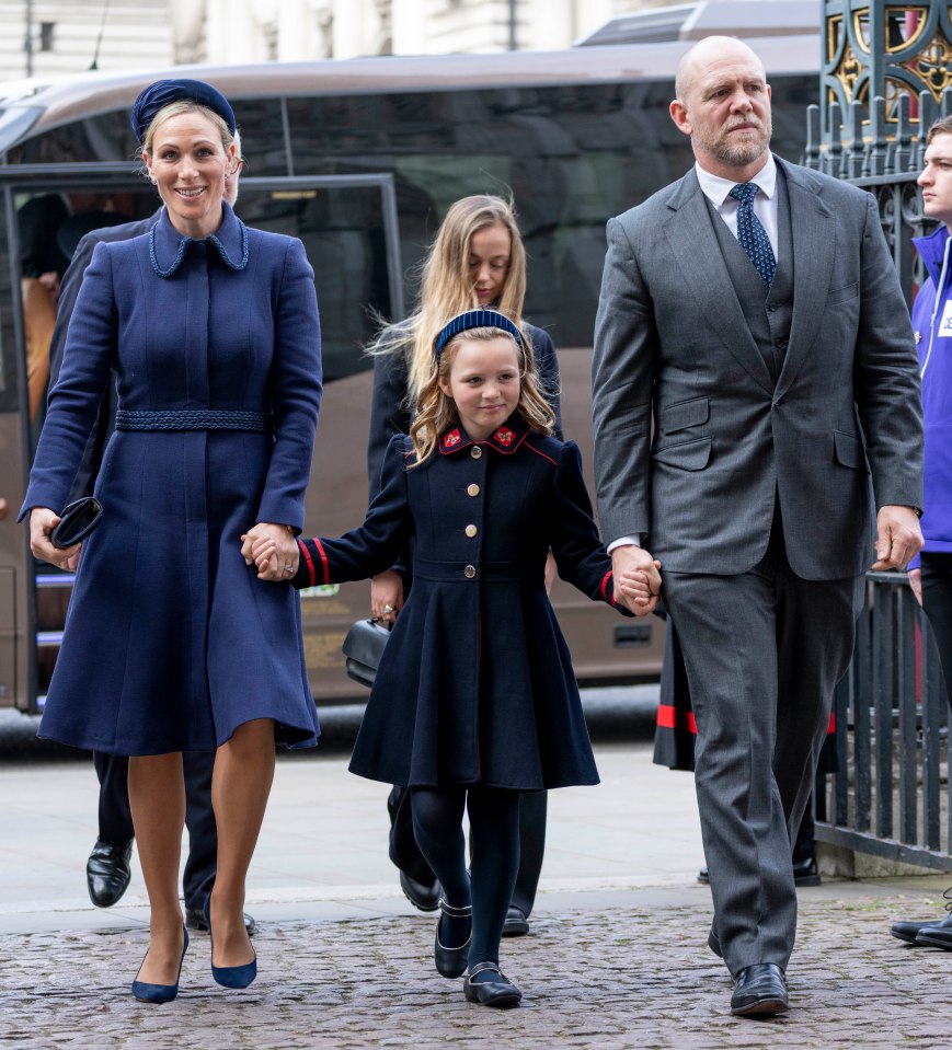 Mia, Zara, and Mike Tindall attending a memorial service.
