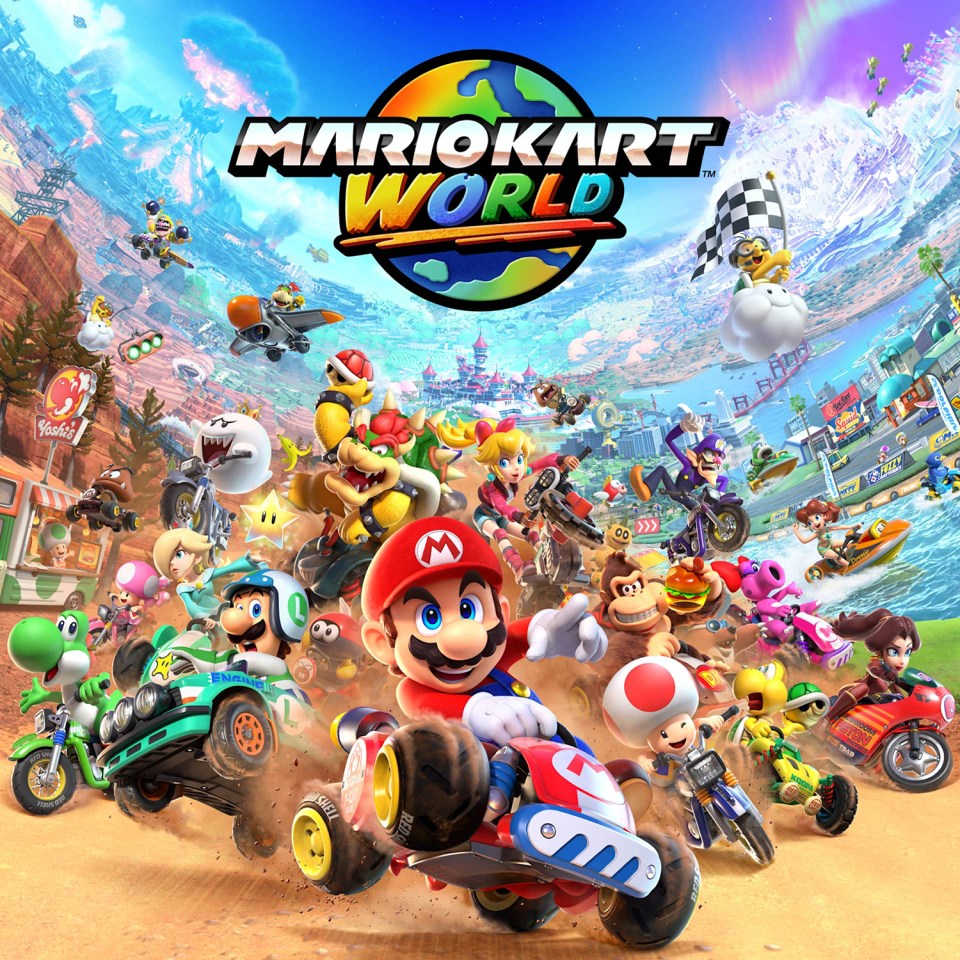 Mario Kart World key art featuring Mario and other characters racing.