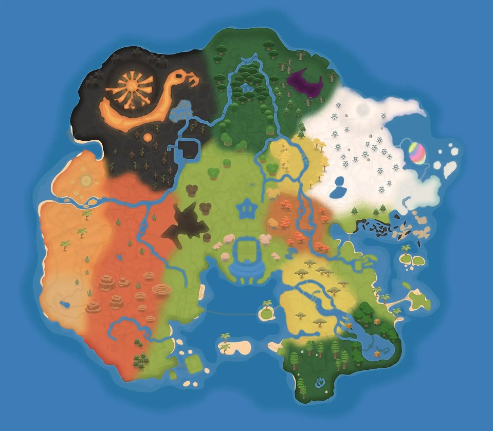 Illustration of a stylized island map with various biomes.