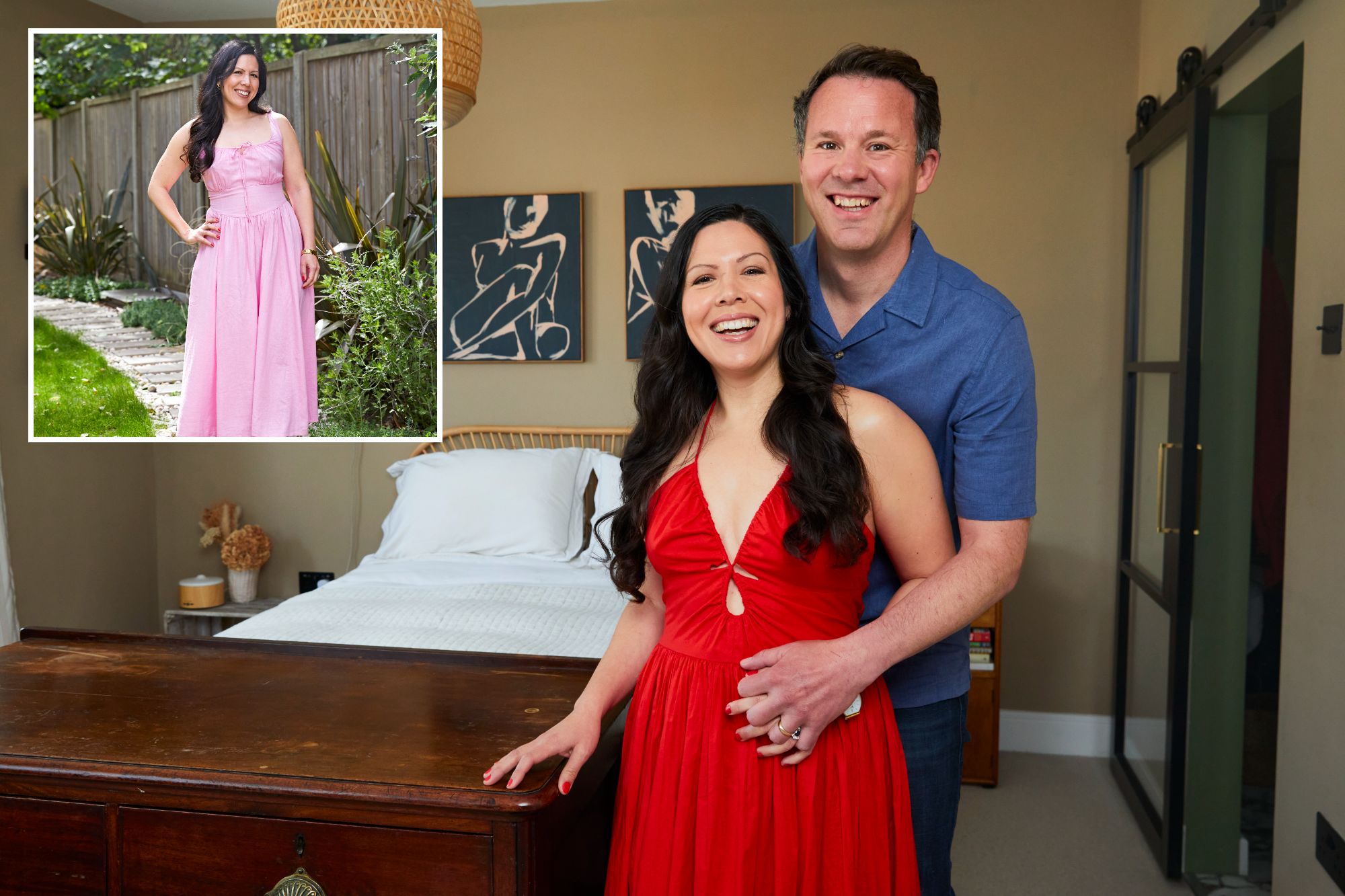 An image collage containing 2 images, Image 1 shows A couple embracing in their bedroom, Image 2 shows Woman in pink dress standing on a garden path