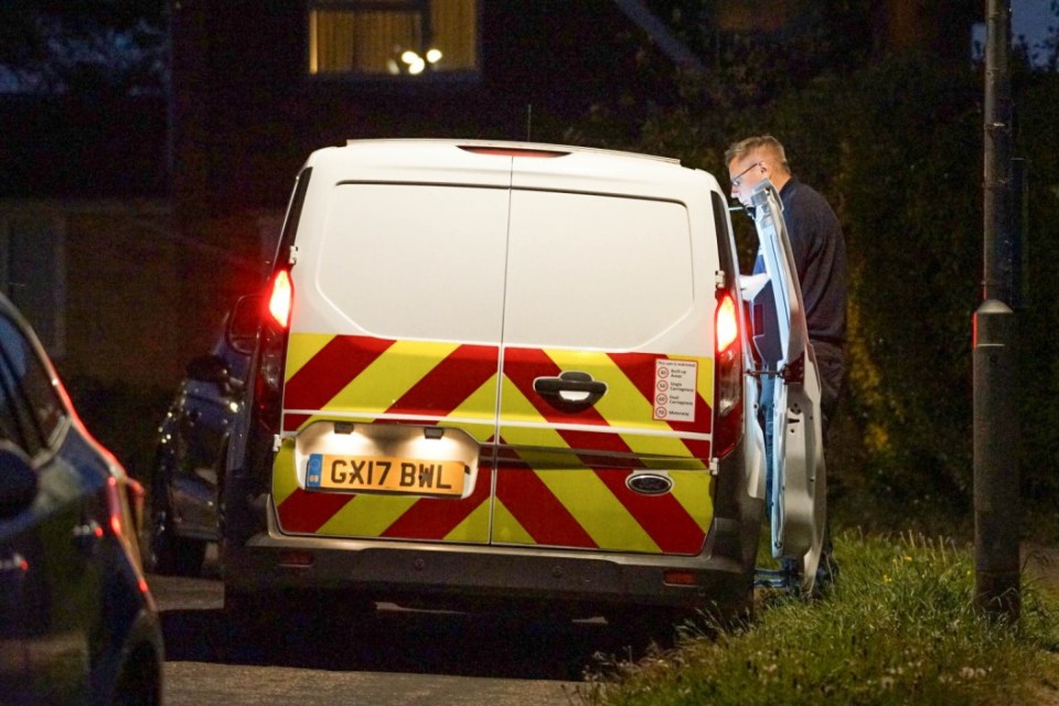 A man examining a white van at night.