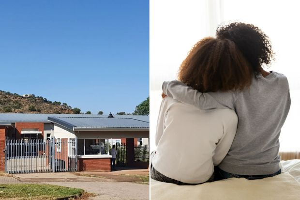 An image collage containing 2 images, Image 1 shows Magistrates court in the Eastern Cape, Image 2 shows Rear view of a mother and daughter embracing on a bed