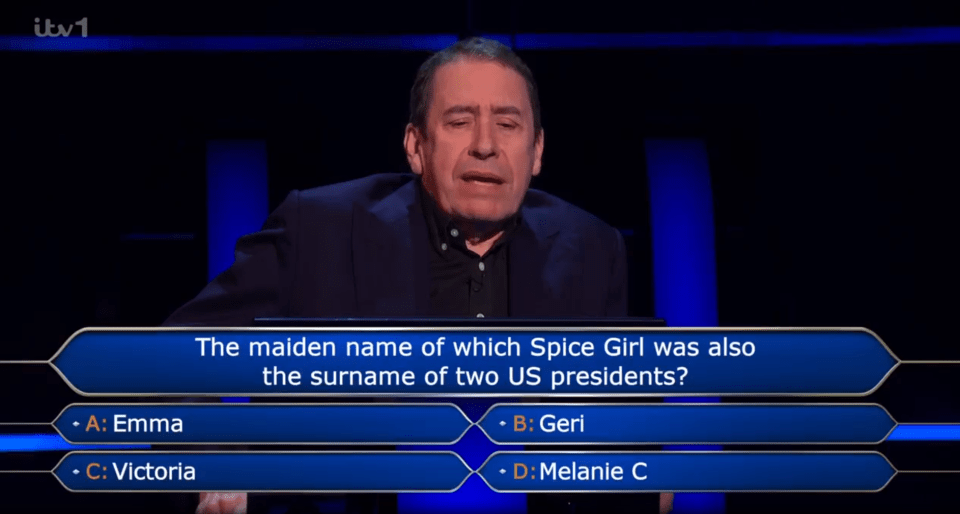 Contestant on Who Wants To Be a Millionaire facing a Spice Girls question.