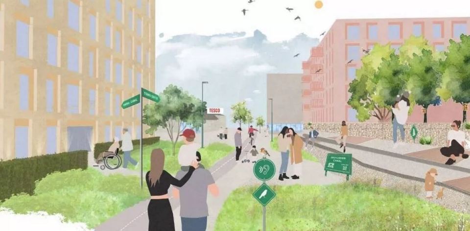 Illustration of a revitalized UK town with a canal park, featuring people walking, cycling, and relaxing.