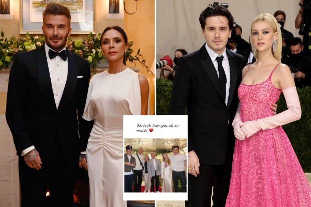 An image collage containing 3 images, Image 1 shows David and Victoria Beckham at a dinner in Tetbury, England, Image 2 shows Brooklyn Beckham and Nicola Peltz at the 2021 Met Gala, Image 3 shows Group photo of Victoria Beckham's family