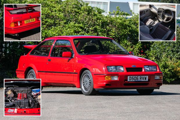 An image collage containing 4 images, Image 1 shows Red 1986 Ford Sierra RS Cosworth, Image 2 shows Interior view of a red Ford Sierra RS Cosworth, Image 3 shows Engine bay of a red Ford Sierra RS Cosworth, Image 4 shows Rear view of a red Ford Sierra RS Cosworth