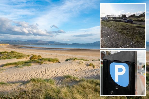 An image collage containing 3 images, Image 1 shows Two people walking on a sandy beach at low tide, with mountains in the background, Image 2 shows Newborough beach parking lot with several cars parked, Image 3 shows Parking meter with a blue &quot;P&quot; sign