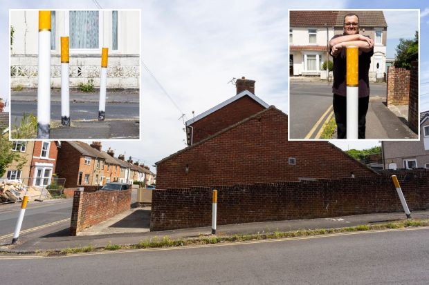 An image collage containing 3 images, Image 1 shows Bollards painted as cigarettes on a residential street, Image 2 shows Three bollards painted to resemble cigarettes, Image 3 shows Man standing behind a bollard painted like a cigarette