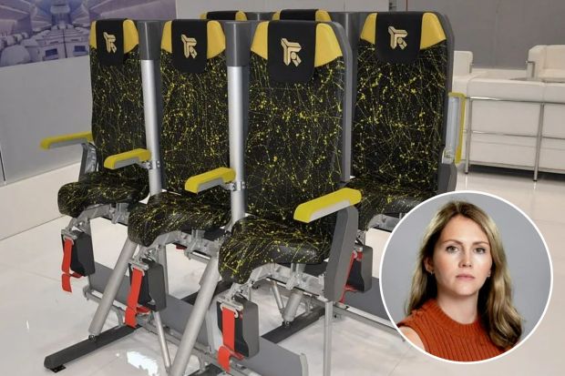 An image collage containing 2 images, Image 1 shows Four upright airplane seats designed to increase passenger capacity, Image 2 shows Headshot of a woman wearing a rust-colored ribbed tank top