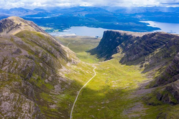 An image collage containing 1 images, Image 1 shows Aerial view of Bealach na Ba pass in Scotland