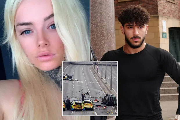 An image collage containing 3 images, Image 1 shows Close-up portrait of Courtney Redfurn, Image 2 shows Man leaving court after car crash, Image 3 shows Police collision investigation on a highway