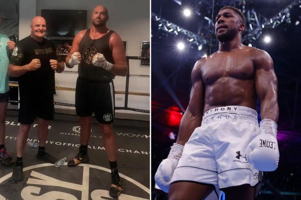 An image collage containing 2 images, Image 1 shows Three boxers in a boxing ring, Image 2 shows Anthony Joshua boxing in Wembley Stadium