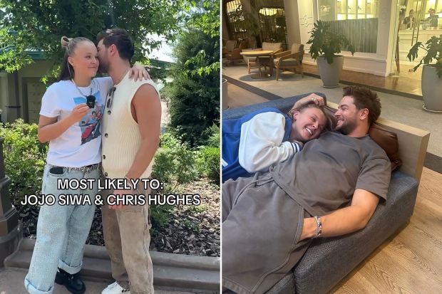 An image collage containing 2 images, Image 1 shows Jojo Siwa and Chris Hughes at Universal Epic Universe, Image 2 shows Couple cuddling on a couch