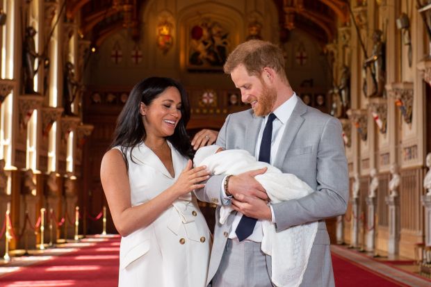 An image collage containing 1 images, Image 1 shows The Duke and Duchess of Sussex with their baby son at Windsor Castle