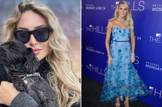 An image collage containing 2 images, Image 1 shows Woman in sunglasses holding a small black dog, Image 2 shows Stephanie Pratt at the MTV's &quot;The Hills: New Beginnings&quot; TV show party