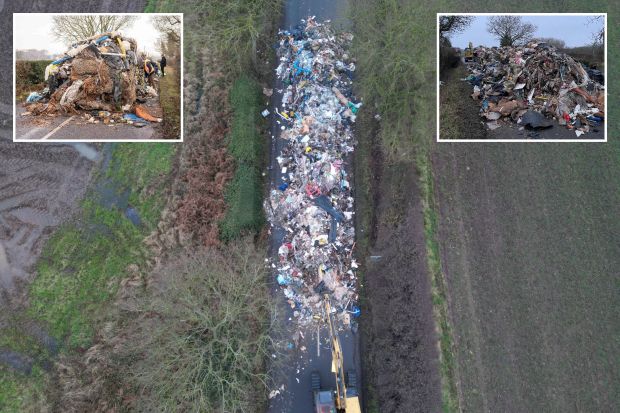An image collage containing 3 images, Image 1 shows Aerial view of a construction vehicle removing a large pile of illegally dumped waste from a road, Image 2 shows A large pile of fly-tipped rubbish on a roadside, Image 3 shows A large pile of fly-tipped building waste blocking a road