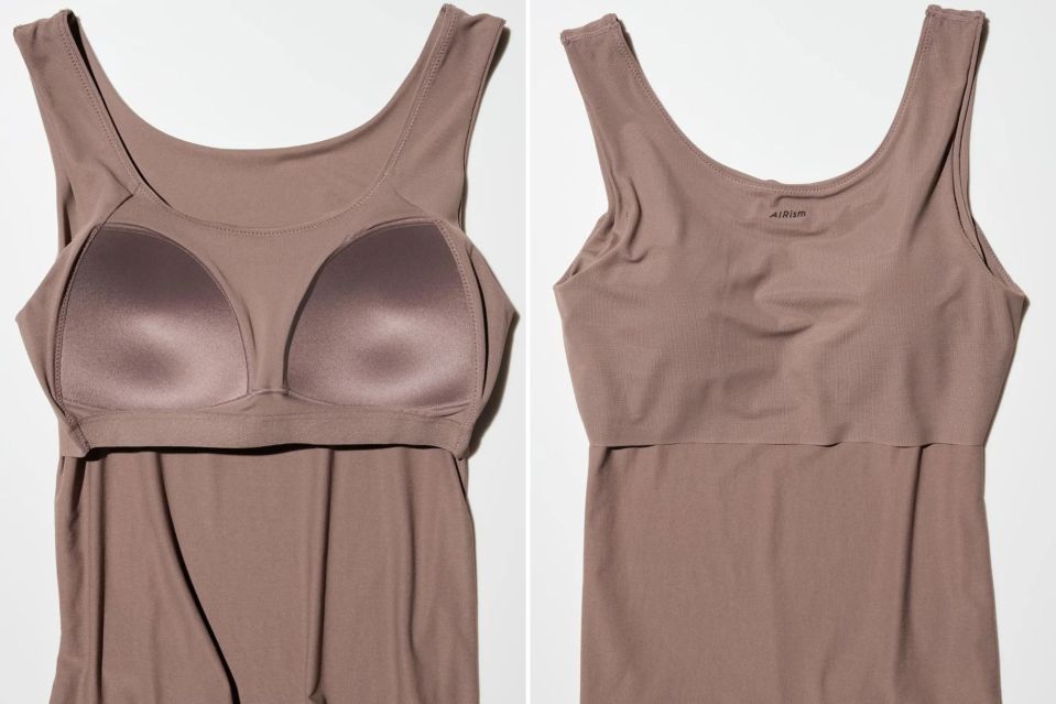 An image collage containing 2 images, Image 1 shows Mauve tank top with built-in bra cups, Image 2 shows Mauve Airism tank top