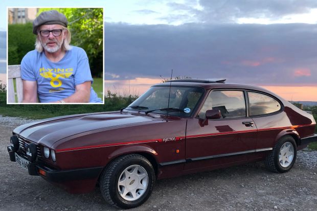 An image collage containing 2 images, Image 1 shows Maroon Ford Capri parked outdoors at sunset, Image 2 shows Henry Cole in a trailer for Great British Treasure Hunt
