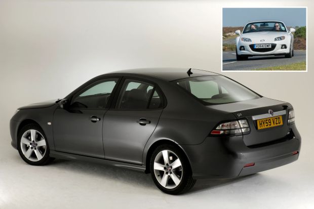 An image collage containing 2 images, Image 1 shows Photo of a dark gray Saab 93, Image 2 shows White Mazda MX-5 Roadster driving on a country road