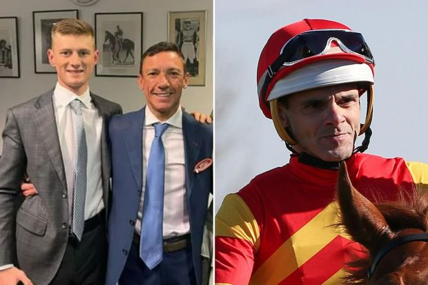 An image collage containing 2 images, Image 1 shows Two men in suits posing for a photo, Image 2 shows Jockey Noel Callow wins a horse race, raising his hand in victory