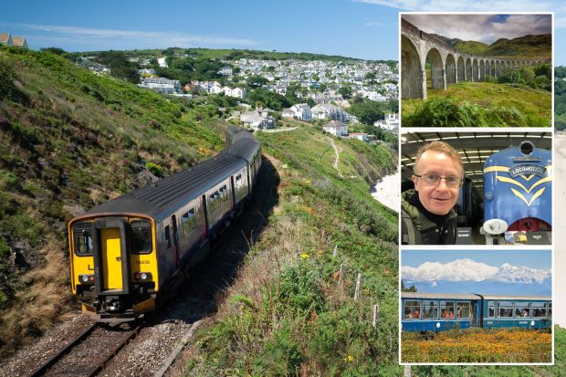 An image collage containing 4 images, Image 1 shows Train traveling along a coastal railway line overlooking a beach, Image 2 shows Person taking a selfie in front of a blue Deltic locomotive, Image 3 shows Glenfinnian Viaduct railway bridge in Scotland, Image 4 shows Darjeeling Himalayan Railway toy train with passengers, passing a field of flowers, with snow-capped mountains in the background