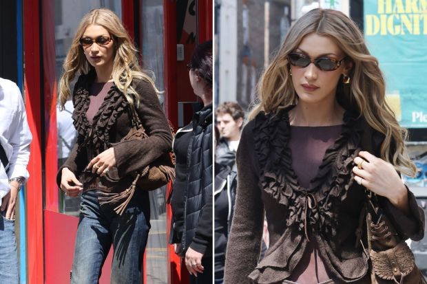 An image collage containing 2 images, Image 1 shows Bella Hadid leaving Morley's Chicken Shop, Image 2 shows Bella Hadid leaving a chicken shop