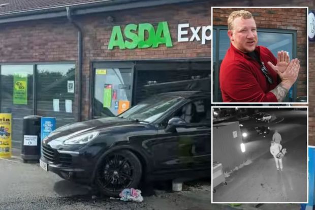 An image collage containing 3 images, Image 1 shows A black Porsche crashed into an ASDA Express store, Image 2 shows Man in red shirt gesturing with his hands, Image 3 shows Nighttime security footage of two people walking away from a car, carrying a bag