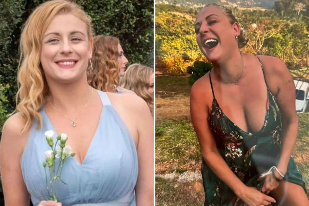 An image collage containing 2 images, Image 1 shows Photo of a young woman in a light blue bridesmaid dress holding a small bouquet of white flowers, Image 2 shows Photo of Rebecca Turner laughing in Thailand