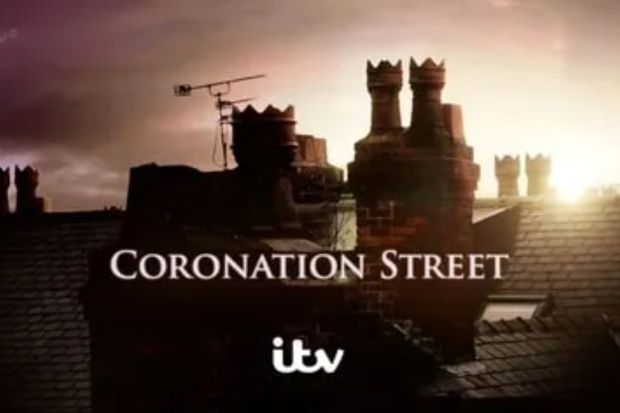 An image collage containing 1 images, Image 1 shows Coronation Street title card with rooftops at sunset