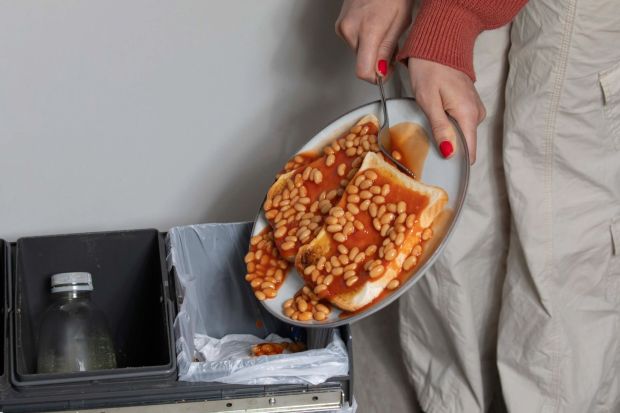 An image collage containing 1 images, Image 1 shows Beans on toast being thrown in the trash