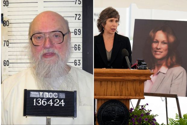 An image collage containing 2 images, Image 1 shows Booking photo of Oscar Smith, Image 2 shows A woman speaking at a podium with photos of a woman and two young men behind her