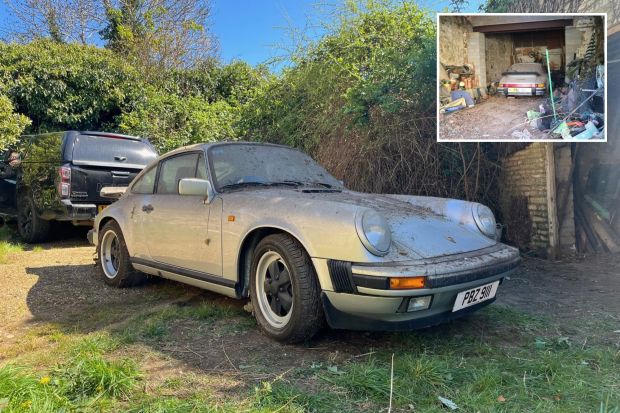 An image collage containing 2 images, Image 1 shows Dusty silver 1989 Porsche 911 Carrera Sport Coupe in a garage, Image 2 shows Dusty silver Porsche 911 Carrera in a cluttered garage