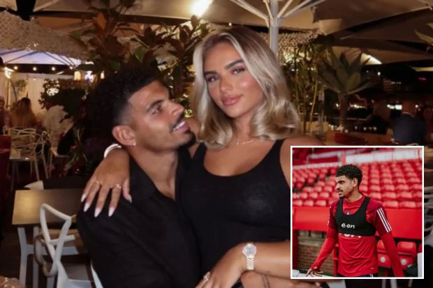 An image collage containing 2 images, Image 1 shows An image collage containing 1 images, Image 1 shows Morgan Gibbs White and Britney De Villiers sitting together at a restaurant, Image 2 shows Morgan Gibbs-White in training