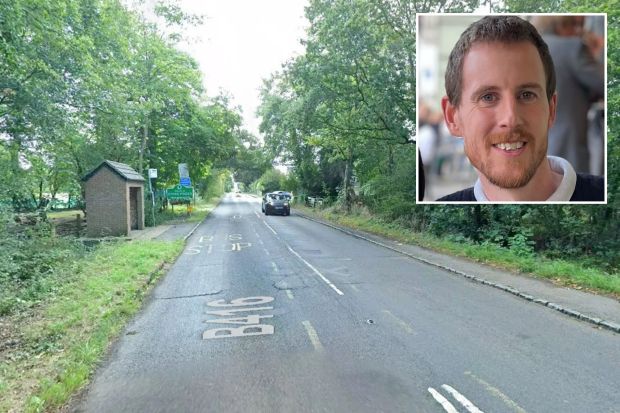An image collage containing 2 images, Image 1 shows Road scene with bus stop and car, Image 2 shows Headshot of Pc Christopher Miller