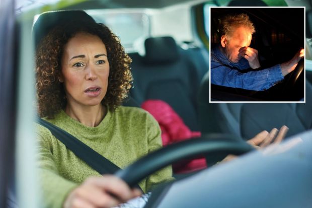 An image collage containing 2 images, Image 1 shows Frustrated woman driving a car, Image 2 shows Tired driver rubbing his eyes while driving at night