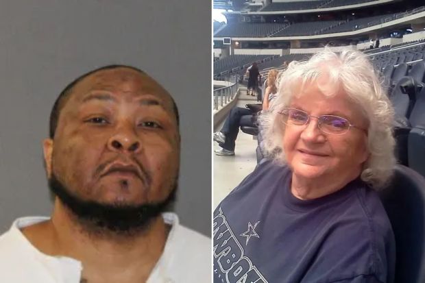 An image collage containing 2 images, Image 1 shows Mugshot of Matthew Lee Johnson, death row inmate, Image 2 shows Woman in a Cowboys shirt at a stadium