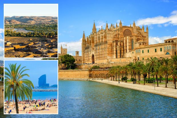 An image collage containing 3 images, Image 1 shows La Seu Cathedral in Palma de Mallorca, Spain, Image 2 shows Oasis village in Dades Valley, Morocco, Image 3 shows Barceloneta Beach in Barcelona with the W Hotel in the background
