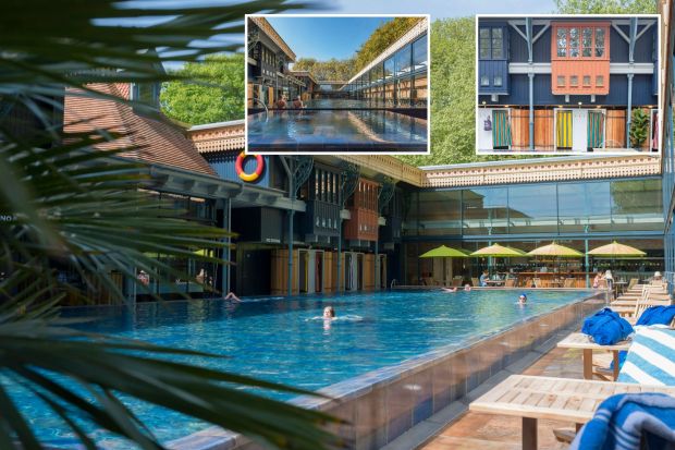 An image collage containing 3 images, Image 1 shows Outdoor swimming pool with people swimming and a cafe in the background, Image 2 shows Outdoor pool with changing rooms, Image 3 shows Two men sitting at the edge of an outdoor pool at Thames Lido